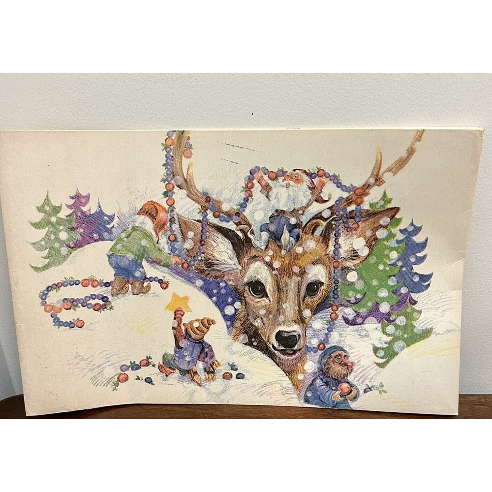 Vintage Retro Christmas Empty Cardboard Gift Box Deer Gnomes Winter Scene Craft